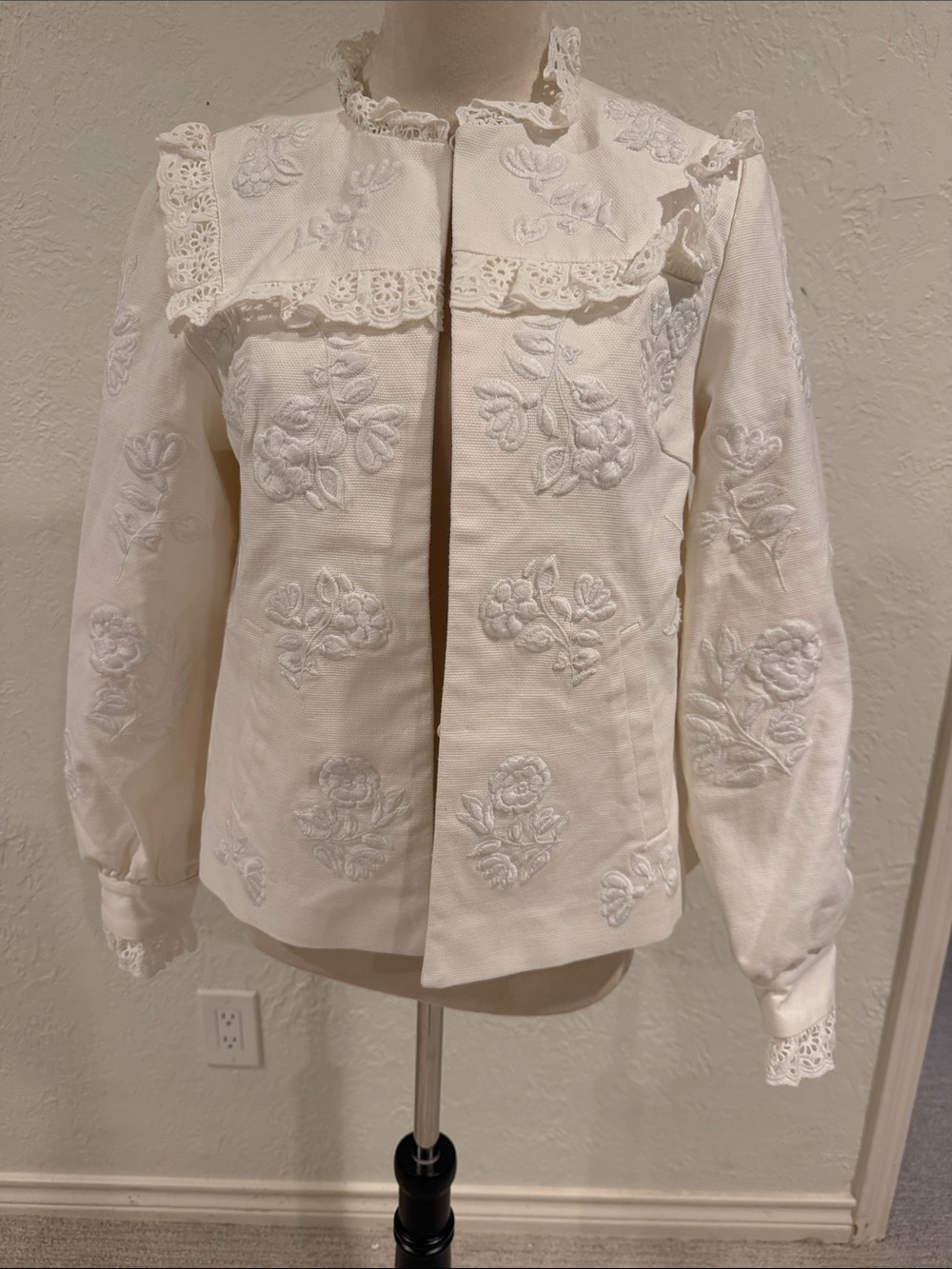Boden T0160 White Floral Embroidered Lace Trim Jacket Blazer US 2 UK 6